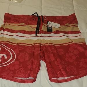 FOCO Red Floral Board Shorts With Forty Niners Logo